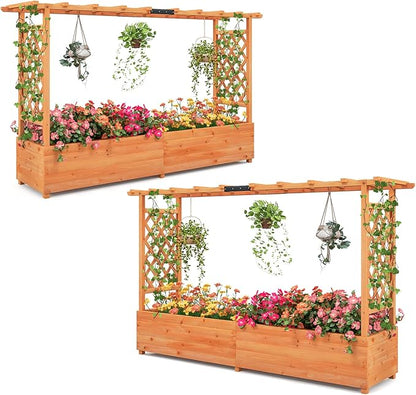 Giantex 2 Pcs Raised Garden Bed with Trellis & Hanging Roof, Wood Planter Box with Bottom & Drainage Holes, Freestanding Garden Planter for Flower Fruit Vegetable Herb Climbing Vine (77"x14.5"x45")