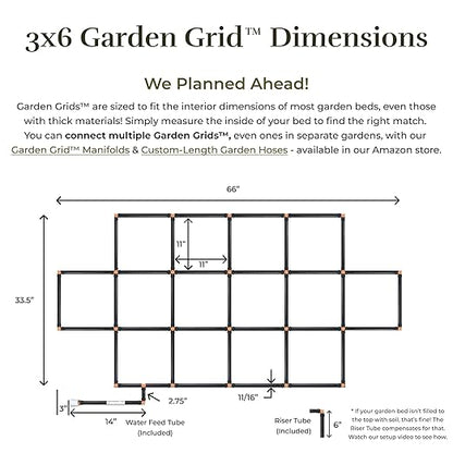 Garden Grid Watering System | Raised Garden Bed Drip Irrigation System – But Better | Pre-Assembled, Waters Every Plant Evenly, 2-Minute Setup | Square Foot Gardening Grid | US-Made (Cornerless, 3x6)