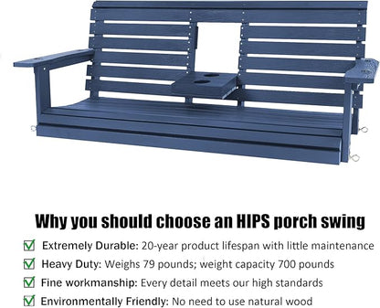 Poly Lumber 3-Seat Porch Swing, HIPS 5-Feet Bench Swing with Foldable Cup Holders,18/8 Stainless Steel Hardware, High Backrest and Deep Contoured Seat (Navy Blue, 5-feet)