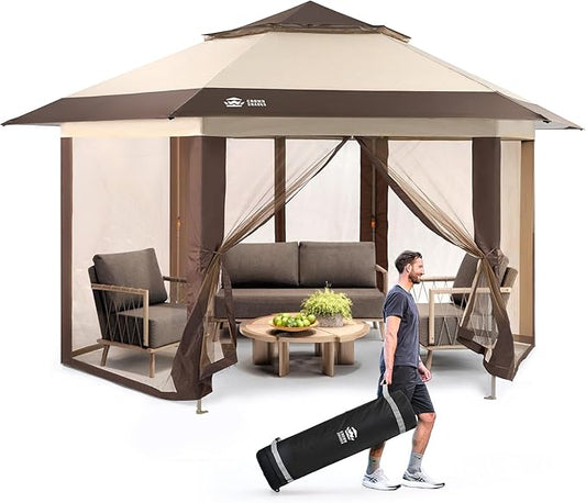 CROWN SHADES 13x13 Pop Up Gazebo with Mosquito Nettings, Patented Center Lock 6-Sided Portable Gazebo, 300D Silver-Coated Fabric UV Resistant, Pop Up Canopy Tent for Patio, Party, Beige&Coffee