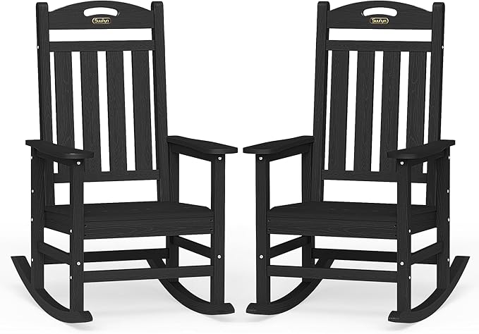 Rocking Chairs Set of 2, Black Outdoor Chairs with 30-Inch High Back