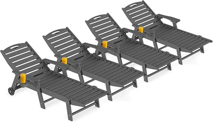 Ciokea Outdoor Lounge Chair Set of 4, All Weather Patio Chaise Lounge Chair for Outside, HDPE Chair with Rolling Wheels & Cup Holder, 5 Position, Deck, Pool, Dark Grey