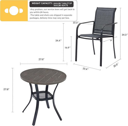 VICLLAX 3-Piece Patio Dining Set for 2, Includes Round Table and 2 Stackable Chairs, Grey Wood-Like Set
