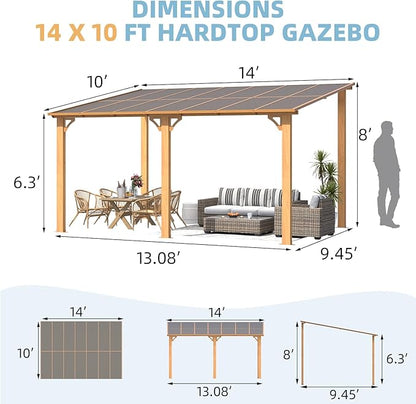 AECOJOY 14' x 10' Gazebo for Patio, Wood Grain Hard Top Lean to Gazebo Pergola with Roof (140 Sq.Ft Shaded), Large Wall-Mounted Heavy Duty Awnings for Patio, Decks, Backyard and More