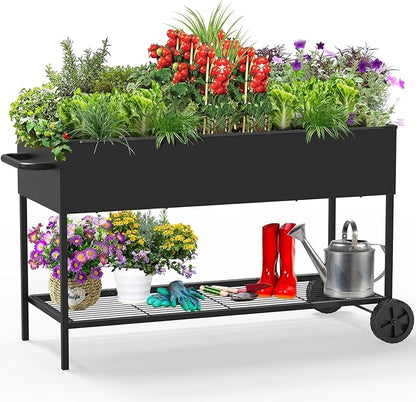 51 × 26 × 31.5 Inches Raised Garden Bed with Legs/Storage Shelf, Mobile Planter Box for Outdoor Plants, Elevated Garden Bed for Backyard, Balcony, Black