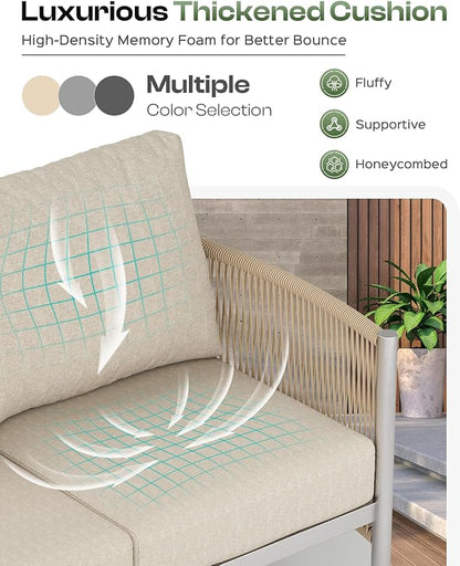 Aluminum Outdoor Patio Furniture Set with Dual-Layer Coffee Table, 4 Piece Modern Patio Conversation Sets with PE Rope, Outdoor Sectional Sofa with Thick Cushions for Balcony, Porch, Beige