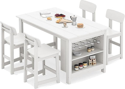 SERWALL Outdoor Bar Table and Chairs Set, 5-Piece HDPE Counter Height Patio Dining Sets with Storage and Wine Rack, Rectangular High Top Bar Table with 4 Bar Stools for Garden, Backyard, White