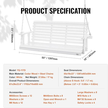 VEVOR Wooden Porch Swing 5.5FT with 2 Side Cup Holders, Heavy Duty 880lbs Patio Swing, Outdoor Swing Hanging Chair, Bench Swing with Adjustable Chains for Front Porch, Yard, Balcony, Garden, White