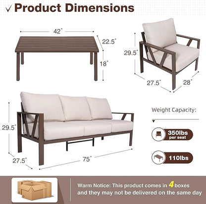 Outdoor Patio Furniture Set, 4 Pieces Metal Patio Furniture Set with Coffee Table, Modern Outdoor Conversation Seating with 6.5" Thick Cushions, Beige