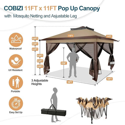 COBIZI 10x10 Pop Up Gazebos on Clearance 11x11 Canopy Tent Easy Up Outdoor Gazebo Waterproof Portable Gazebo with Mosquito Nettings, Double Vented Roof and Carry Bag for Patio Garden Lawn(Coffee)