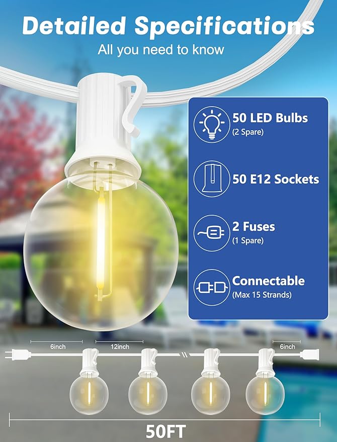 String Lights, Warm White G40 LED Outdoor, 50 Bulbs