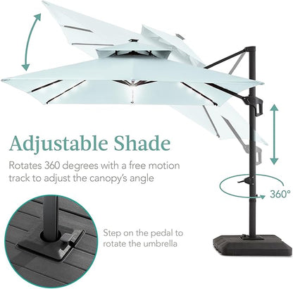 Best Choice Products 10x10ft Cantilever Patio Umbrella w/Base Included, Solar LED Lights 360 Rotation Large Offset Hanging Outdoor Shade for Deck Pool Backyard w/Stand – Baby Blue