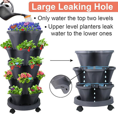 GameXcel Vertical Planter, 5 Tier Stackable Strawberry Planter with Garden Tool Set, Movable Indoor/Outdoor Garden Herb Pot for Growing Vegetables and Succulents, Dark Gray