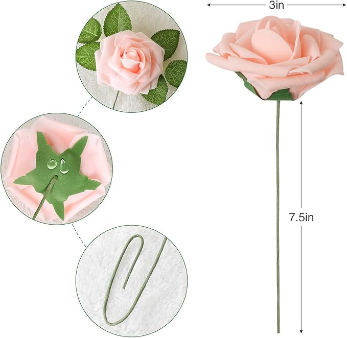 Artificial Flowers Blush Pink Foam Roses, 100 Pack, 3-Inch Heads