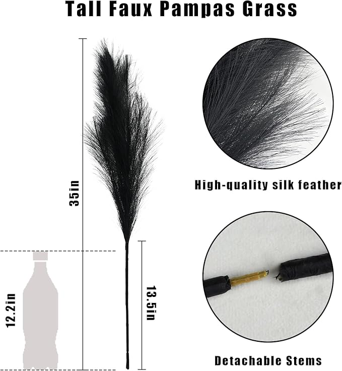 Artificial Pampas Grass Stems, 8 Pack 35-Inch Black Silk Plumes
