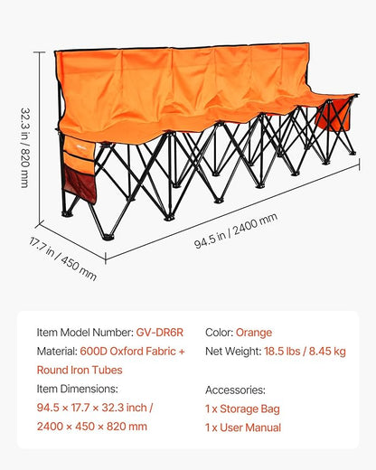 VEVOR Portable Folding Bench, 6 Seat Foldable Soccer Bench with Side Pockets and Carrying Bag, Lightweight Sideline Seating with Back Rest for Football, Baseball, Camping, Outdoor Events, Orange
