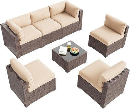 Aoxun Patio Furniture Set, 7 Piece Outdoor Sectional Sofas with Waterproof Cover, Wicker Rattan Outdoor Furniture Patio Conversation Set for Backyard, Garden (Brown Rattan Begin Cushions)