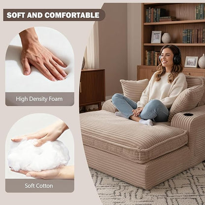 67" Oversized Chaise Lounge Chair Indoor, Soft Boneless Cloud Couch with 3 Pillows, 4 Side Pockets and 2 Cup Holders, Comfy Corduroy Sleeper Couch for Living Room Bedroom