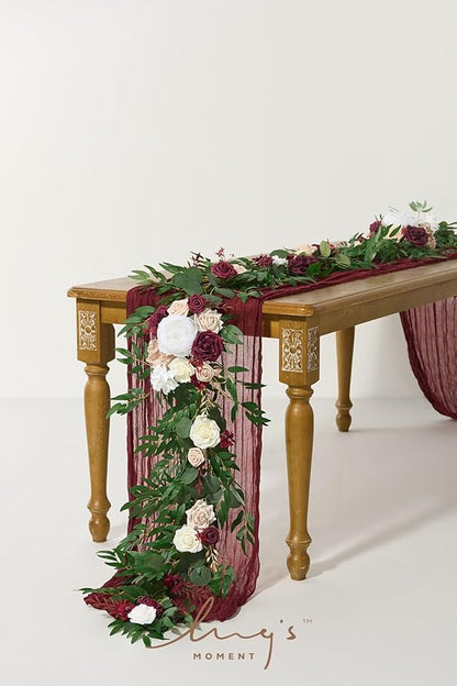 Artificial Floral Garland, 6 Ft Eucalyptus with Marsala and Blush Roses