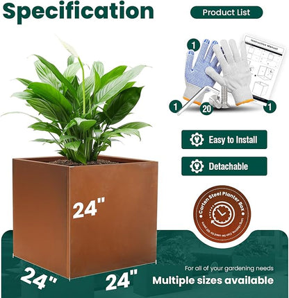 Corten Steel Planter Box Large Outdoor Planter 24 Inch Square Cube Planters Rustic Metal Garden Flower Pot for Commercial Residential Patio and Yard