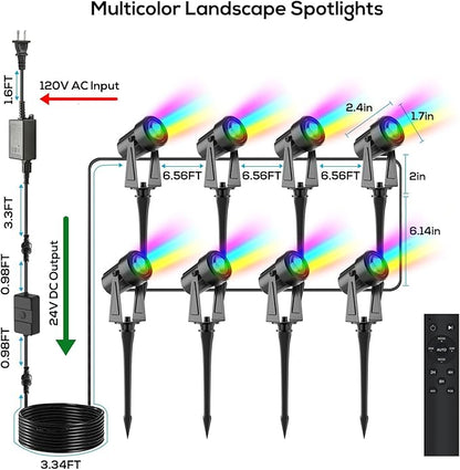 SUNTHIN Outdoor Landscape Lighting with Remote, RGBW Color Changing Spot Uplights, 8 Pack