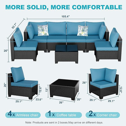Outdoor Wicker Patio Furniture Set, Rattan Sectional Sofa Set with Thick Cushions (Coffee/Peacock Blue, 7 Piece Sofa Set)
