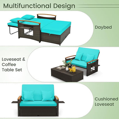 Tangkula Patio Rattan Daybed with 4-Level Adjustable Backrest, Outdoor Wicker Loveseat with Acacia Wood Armrest, Storage Ottoman & Folding Tray, Double Sunbed for Balcony, Yard & Poolside (Turquoise)