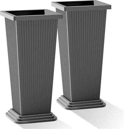 Set of 2 Tall Planters with Drainage Tray, 24 Inch Large Flower Pots for Indoor Outdoor Plants Mordern Planter Weather-Resistant for Patio, Front Door Decor, Garden (Gray Ribbed)