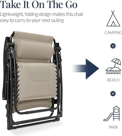 Best Choice Products Oversized Padded Zero Gravity Chair, Folding Outdoor Patio Recliner, XL Anti Gravity Lounger for Backyard w/Headrest, Cup Holder, Side Tray, Polyester Mesh - Dune