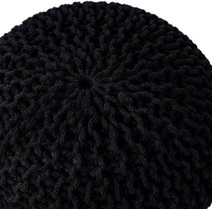 FRELISH DECOR Round Pouf Ottoman Hand Knitted 100% Cotton Pouf Foot Stool - Knitted Bean Bag - Floor Chair for Living Room Bedroom - Foot Rest for Couch (20 Diameter x 14 Height) - Black