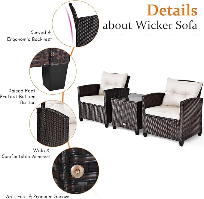 Tangkula 3 Pieces Patio Furniture Set, PE Rattan Wicker 3 Pcs Outdoor Sofa Set w/Washable Cushion and Tempered Glass Tabletop, Conversation Furniture for Garden Poolside Balcony (White)