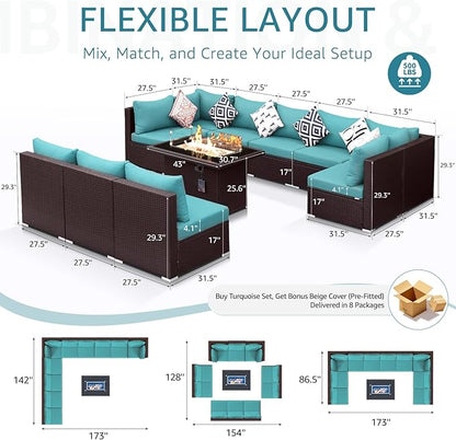 NICESOUL Modern Outdoor Couches with Firepit Table Propane/Natural Gas, 29.3'' High Back Comfy Conversation Set with Fireplace, 10 Seater Large Wide Patio Furniture Set, Brown Rattan and Teal Cushion