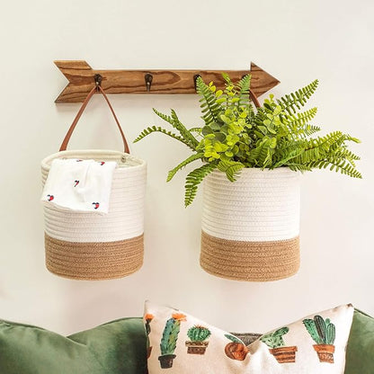 Goodpick 2pack Jute Rope Hanging Basket - Small Woven Fern Wall Hanging Baskets Flower Plants, Woven Basket Key Storage Baskets, White and Jute 7.87 x 7 x 11.7 inches