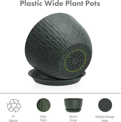 12/10/9 inch Large Plant Pots, 3 Pack Wide Flower Pots for Outdoor Indoor Plants, Water Ripples Plastic Planters with Drainage Holes and Saucers for Garden House, Black with Green Speckles