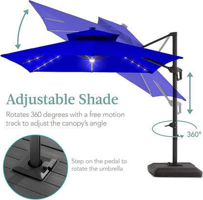 Best Choice Products 10x10ft Cantilever Patio Umbrella w/Base Included, Solar LED Lights 360 Rotation Large Offset Hanging Outdoor Shade for Deck Pool Backyard w/Stand – Resort Blue