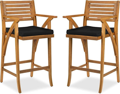 Best Choice Products Set of 2 Outdoor Acacia Wood Bar Stools Bar Chairs for Patio, Pool, Garden w/Weather-Resistant Cushions - Black