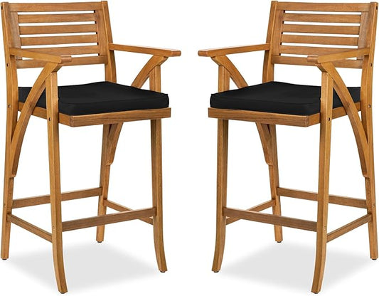 Best Choice Products Set of 2 Outdoor Acacia Wood Bar Stools Bar Chairs for Patio, Pool, Garden w/Weather-Resistant Cushions - Black