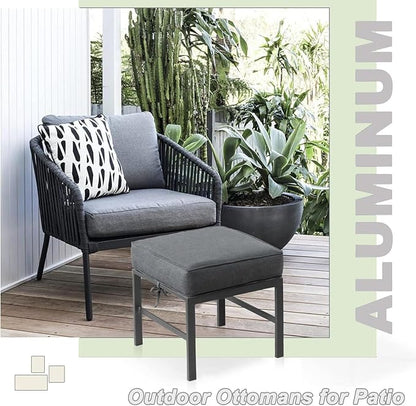 2 Pieces Outdoor Ottomans for Patio, No-Assembly Aluminum Outdoor Patio Footstool with Gray Cushions, Small Aluminum Patio Seat for Porch Yard Garden Deck, Grey Frame