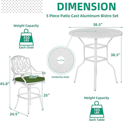 VIVIJASON 5-Piece Patio Swivel Bar Stools Set, All Weather Cast Aluminum Outdoor Bar Height Bistro Set with 4 Cushioned Bar Chairs & 38.5" High Bar Table w/Umbrella Hole for Backyard, Lawn, White