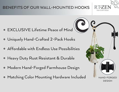 RTZEN Plant Hangers Indoor or Outdoor - Wrought Iron Metal Hanger Indoor Hook - Heavy Duty Wall Bracket Hooks for Hanging Plants Baskets Lanterns Wind Chimes - 2 Pack (Black Axe-Shape Hooks)