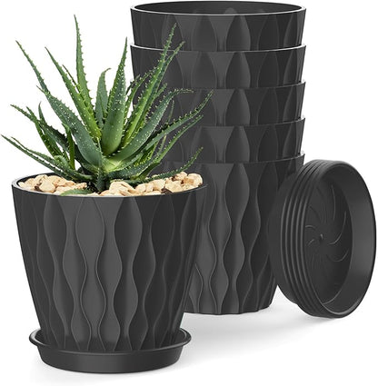 4 Inch Plant Pots, 6 Pack Indoor Flower Pots, Planters with Drainage Holes and Trays for Orchids, Violets, Succulents, Herbs, and Other Plants, Black