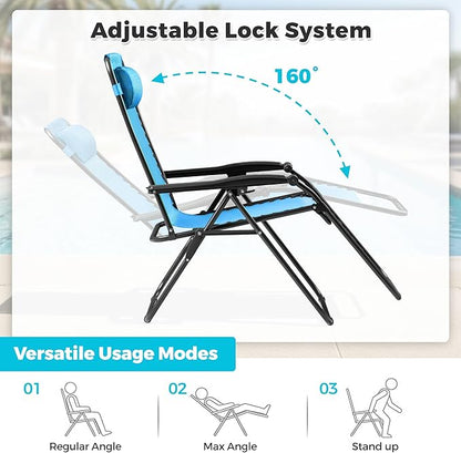 Homall Zero Gravity Chair Patio Folding Lawn Outdoor Lounge Gravity Camp Reclining Lounge Chair with Cup Holder Pillows for Poolside Backyard and Beach Set of 4 (Sky Blue)