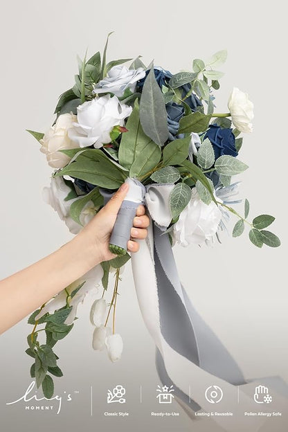 Artificial Flowers Cascade Bridal Bouquet, Dusty Blue Silk with Pearls