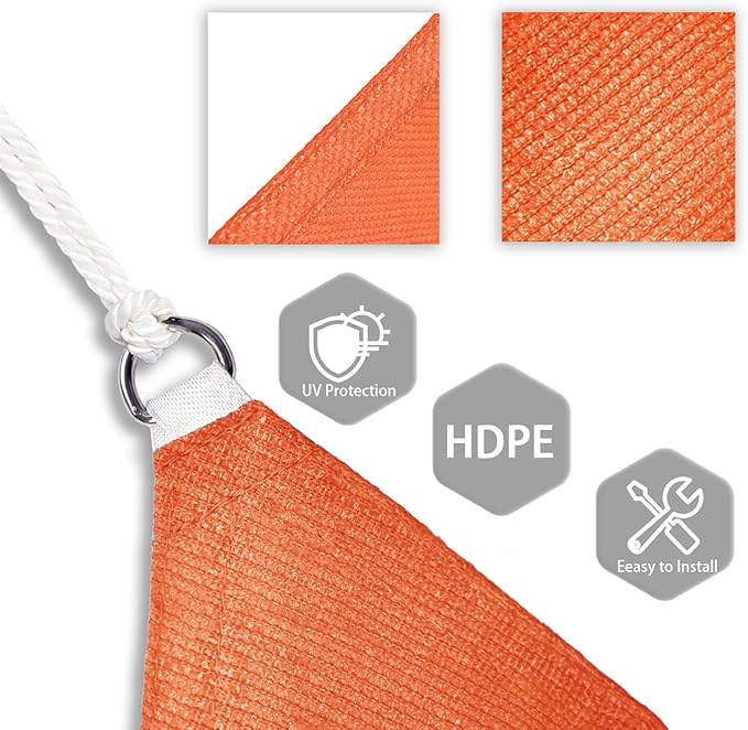 Patio Paradise 16' x 16' x 16' Sun Shade Sail Triangle Canopy Shade Cloth Fabric Sunlight Block Patio Pergola Cover HDPE Deck Awning for Outdoor Backyard Roof Shading, Orange