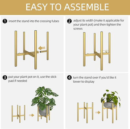 Adjustable Metal Plant Stand Indoor, Mid Century Modern Outdoor Planter Holder for 8 to 14 Inch Pots, Heavy Duty 160 LB Load, Corner Floor Stand for Home Garden Decor Golden 2 Pack