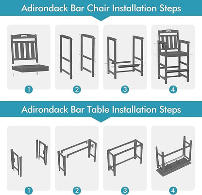 Ciokea Outdoor Bar Height Table Set of 5, 60" Extra Long Rectangle High Top Table and 4 Oversized Adirondack Chairs Set, Heavy-Duty All-Weather HDPE Patio Bar Set for Backyard Balcony Deck, Grey