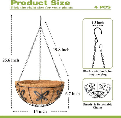4 Pack 14 Inch Hanging Baskets for Plants Outdoor Metal Hanging Planter Hanging Flower Baskets with Coco Fiber Liners Chain Round Wire Plant Holder Hanging Flower Pots(Butterfly)