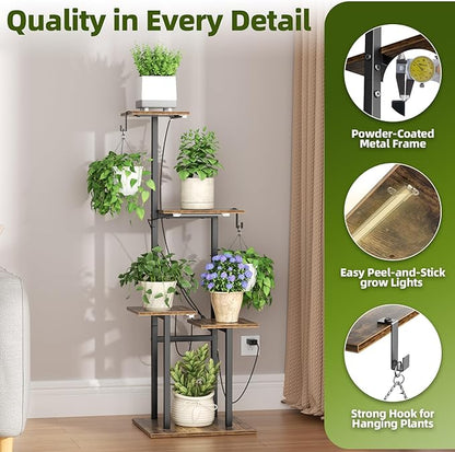 Plant Stand Indoor with Grow Lights, 46" Metal Corner Plant Shelf with 3 LED Lights, 2 Hanging Hooks, 5-Tiered Tall Plant Flower Holders for Living Room, Garden, Patio (Black Brown)