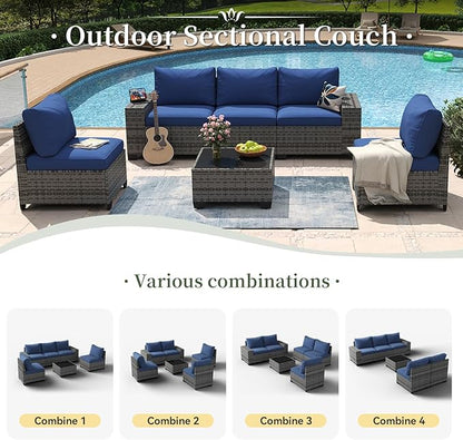 Aoxun 6 Piece Patio Furniture Set with Wide Armrests Wicker Rattan Outdoor Sectional Sofa Set with Coffee Table and Thickened Cushions, Grey/Blue(Waterproof Cover Included)
