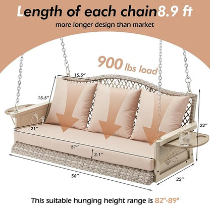 Upgraded Wicker Hanging Porch Swing Heavy Duty 900 LBS 3-Seat Outdoor Patio Swing Chair Bench for Adult w/ 8.9ft Hanging Chains Cushions and Cup Holder